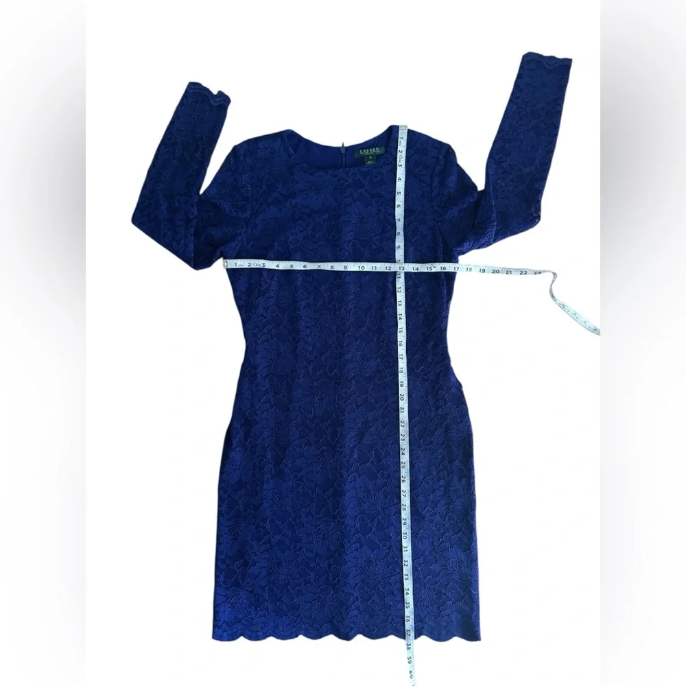 RALPH LAUREN Blue Stretch Floral Lace Sheath Scallop Trim Dress Size 10 - Picture 10 of 10